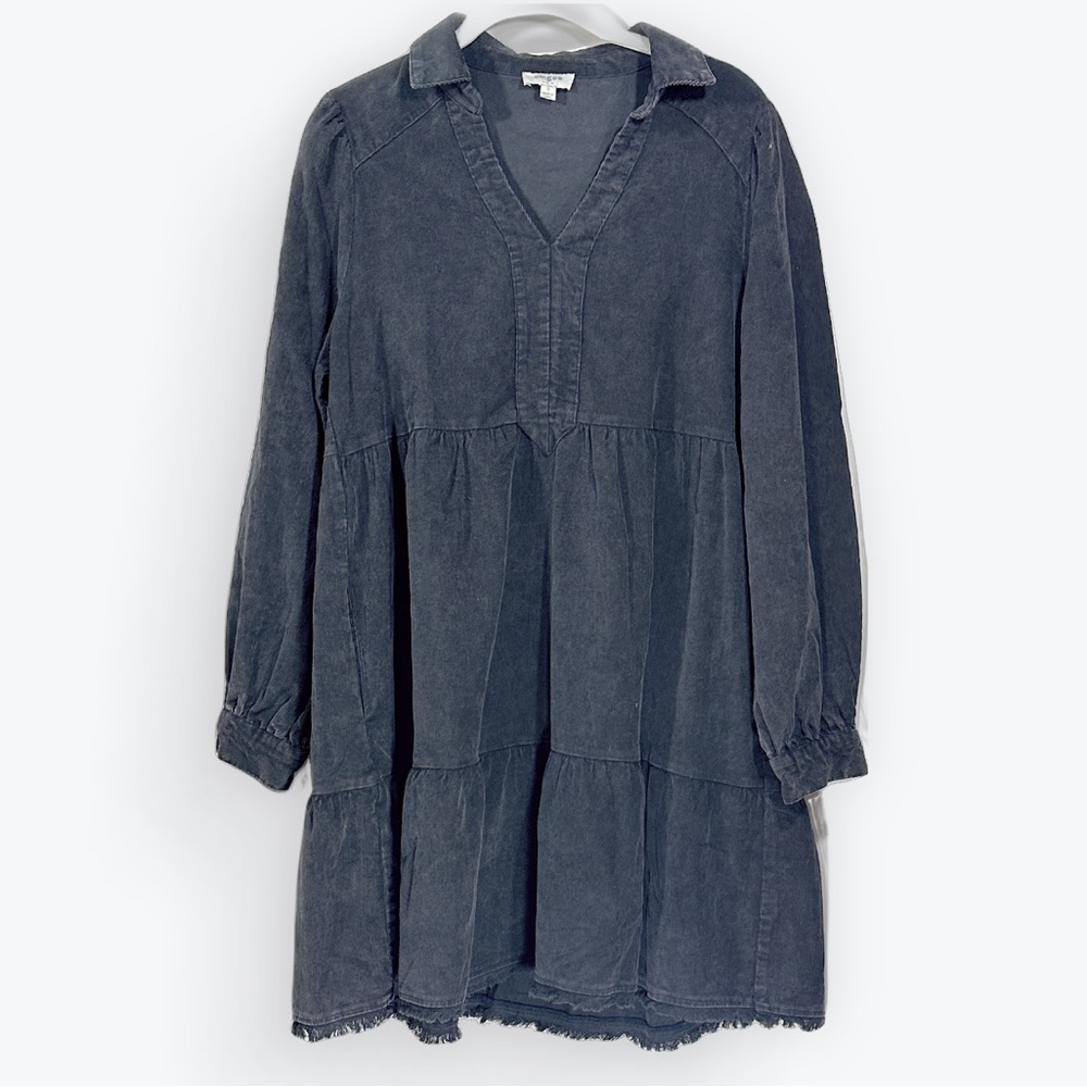 Umgee Mineral Wash Corduroy Blue Gray Distressed Tiered Long Sleeve Dress Small